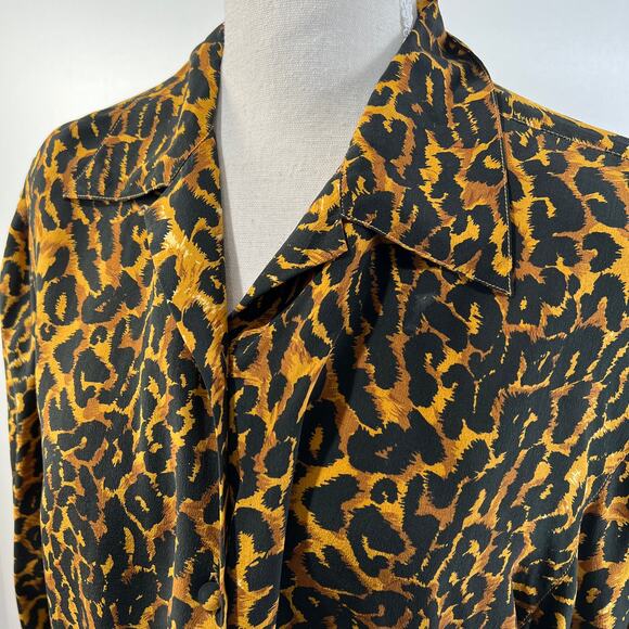 Vintage Silk Leopaed Print Button Down Shirt Long Sleeves Blouse - Picture 2 of 9